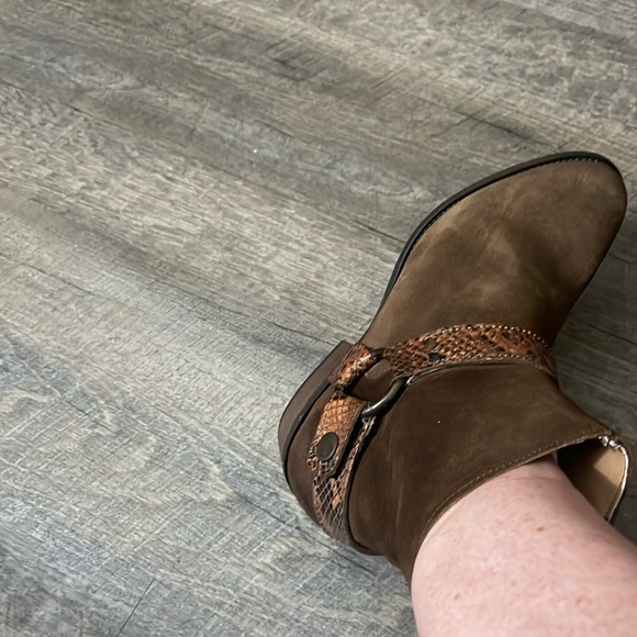 suede boots from ARTISAN BY ZIGI feature a sleek snakeskin pattern buckle. - Picture 2 of 5